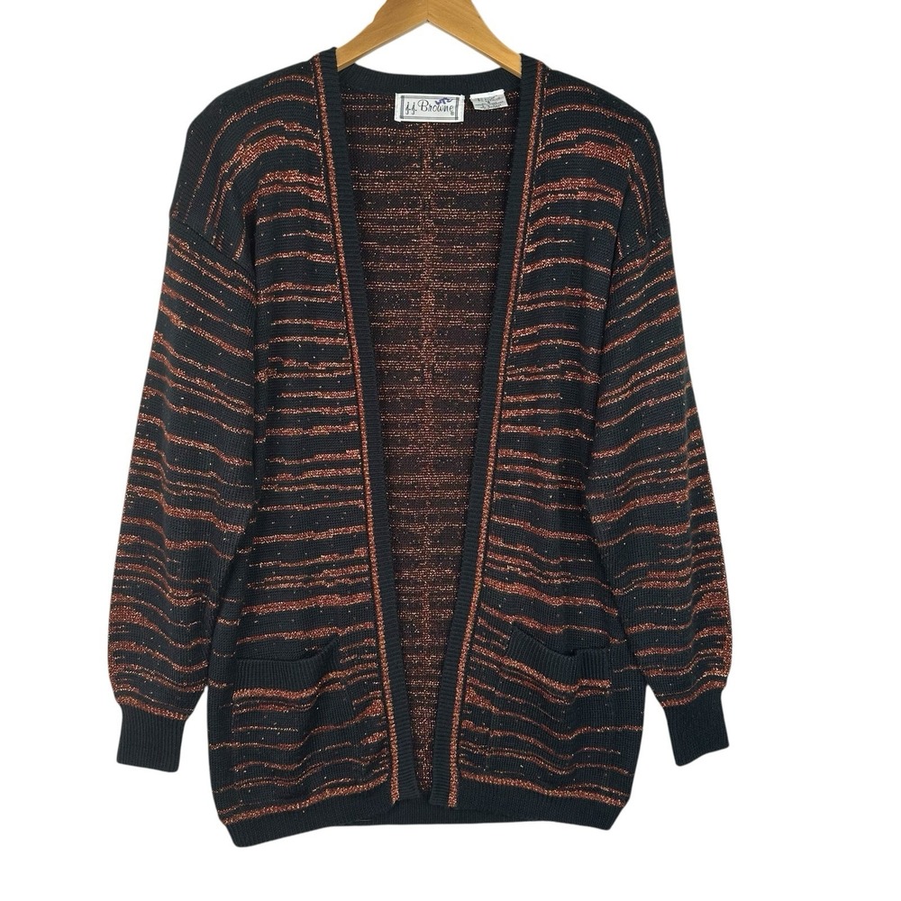 VTG 80s Sparkle Metallic Cardigan Small Glitter‎ Black Copper Striped Open Front